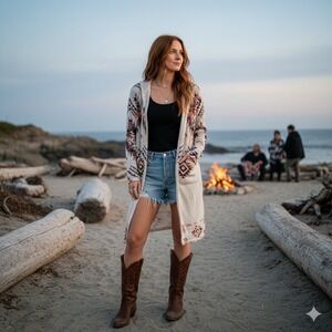 2010s Aztec Duster Cardigan Size S Hooded Southwest Boho Coastal Cowgirl Aztec